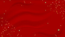 Red Silk Draped Fabric Background With Gold Pearls Or Randomly Scattered Shiny Spheres. Luxurious Red Silk Background With Gold Glitter And Sparkle. Realistic 3d Vector Illustration EPS10