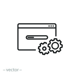 software icon, configure or update website, seo optimization, maintenance or develop system, install web application, thin line symbol on white background - editable stroke vector eps10