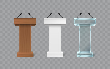 Rostrum speech stand. Podium with a microphone. Conference stage. Vector illustration