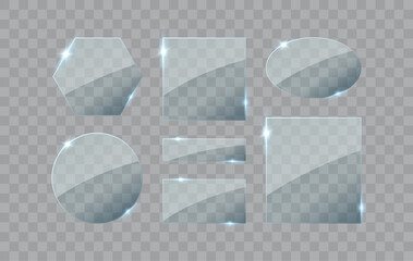 Poster - Glass plates isolated. Different shapes plates. Vector illustration. Transparent banners set.