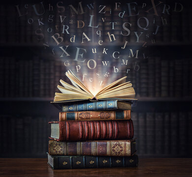 Wall Mural - Old book with flying letters and magic light on bookshelf background in library. Ancient books as a symbol of knowledge, history, memory. Conceptual foundations of education, literary themes..