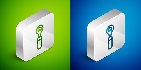 Canvas Print - Isometric line Bottle opener icon isolated on green and blue background. Silver square button. Vector