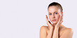 © Viorel - Banner, long format, gray background. Awesome young blonde woman with clean fresh skin. Spa, beauty, wellness, skin care. Facial treatment. Side space for insert text information