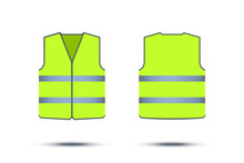 Green Safety Vest With Reflective Strips Isolated On White Background. Vector Work Uniform, Front And Back View.