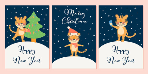 Wall Mural - Merry Christmas and Happy New Year greeting cards set. Banners with cute tiger, symbol 2022, year mascot. Holiday winter concept with vector character