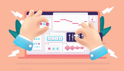 Poster - Audio design vector illustration - Hands working with audio on computer laptop screen, with eq and music software.