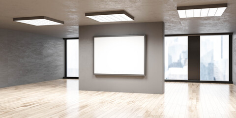 Poster - empty blank wall in bright big office big windows with city urban view 3d render illustration