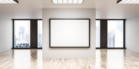 Poster - empty blank white board flip chart with modern office background with big windows and urban city view 3d render illustration