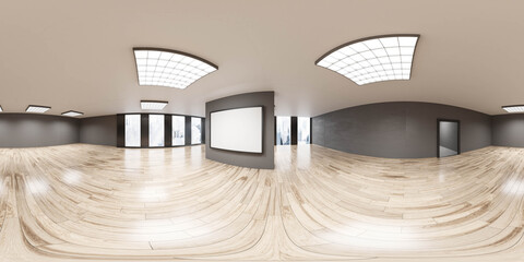 Poster - 360 spherical panorama view of big office with empty blank flip chart white board 3d render illustra