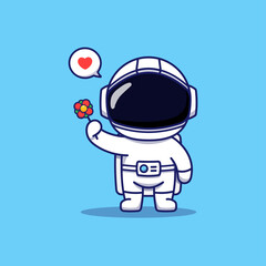 Wall Mural - Cute happy astronaut carrying red flower
