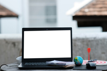 Poster - laptop computer on the table office background and work at home