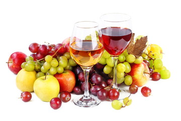 Still life with wine and fruits on a white background