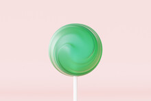 Green Lollipop Sweet Candy On Stick, Pastel Pink Background, 3d Rendering