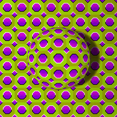 Sticker - Green and purple background from octagons and squares with moving ball. Motion illusion.