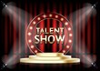© raz234 - Talent show poster template. Empty theatrical stage with Talent show signage with lights on red curtain.