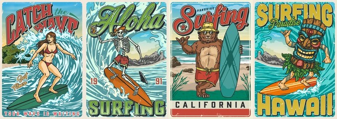 Sticker - Hawaii surfing vintage colorful posters