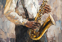 Stylish Jazz Band Playing Music On The Scene, Background Is Brown. Close-up Fragment Of  Oil Painting And Brush. .The Jazzman Plays The Saxophone.