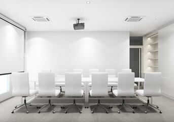Poster - Meeting room in modern office with carpet floor and book shelf cabinet with projector screen. interior 3d rendering