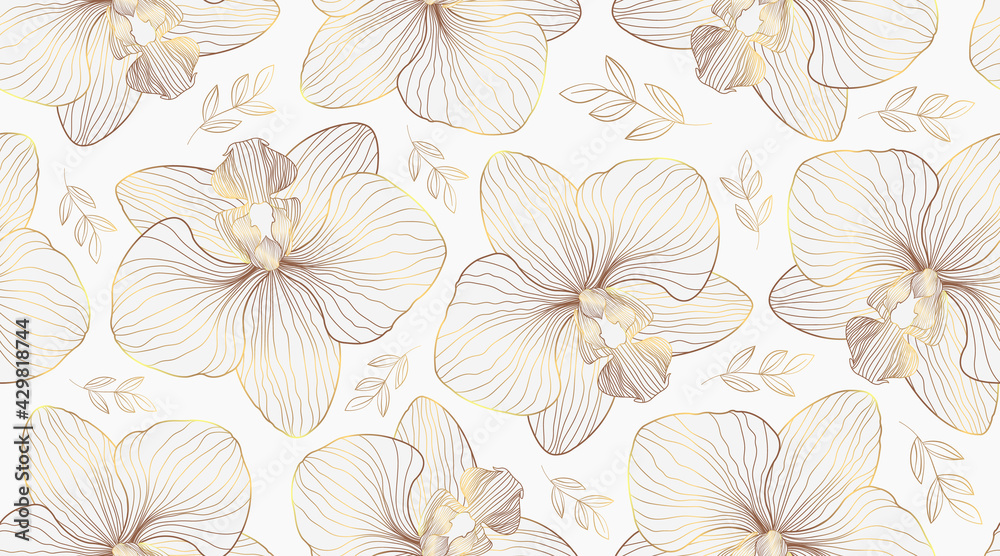 Luxury orchid seamless pattern background vector. Golden orchid line arts design for wedding, backdrop, wallpaper, banner, card, cover, texture. Vector illustration - obrazy, fototapety, plakaty 