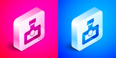 Sticker - Isometric Alcohol drink Rum bottle icon isolated on pink and blue background. Silver square button. Vector