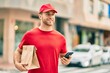 © Krakenimages.com - Young caucasian deliveryman using smartphone and holding delivery paper bag at the city.