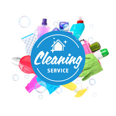 Sticker - Set of cleaning supplies on white background