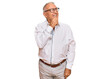 © Krakenimages.com - Senior caucasian man wearing business shirt and glasses with hand on chin thinking about question, pensive expression. smiling with thoughtful face. doubt concept.