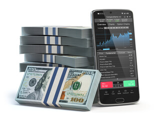 Aufkleber - Stock market trading concept. Mobile phone and packs of dollar isolated on white.