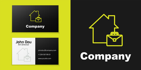 Poster - Logotype line Online working icon isolated on black background. Freelancer man working on laptop at his house. Remote work. Distant job concept. Logo design template element. Vector
