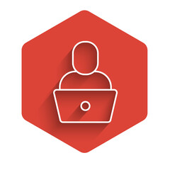 Poster - White line Freelancer icon isolated with long shadow. Freelancer man working on laptop at his house. Online working, distant job concept. Red hexagon button. Vector
