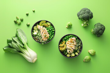 Bowls of tasty salad with fresh vegetables and chicken on color background