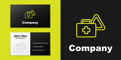 Logotype line First aid kit and warning triangle icon isolated on black background. Must be in the car. Logo design template element. Vector