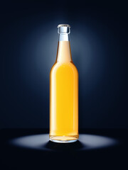 Leinwandbilder - Computer graphics image of beer bottle. Glass container with yellow liquid inside illuminated from behind.