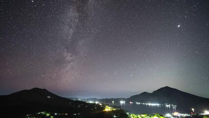 Wall Mural - Landscape of Mount Batur Volcano and Lake in Kintamani, Bali, Indonesia - Nightscape Sky Starry Night Stars Milky Way Astro Time Lapse