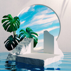 Poster - white stones in water – product presentation background, tropical monstera leaves decoration and rou