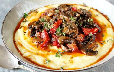 Wall Mural - corn porridge (polenta) with fried mushrooms and bell peppers. Served with grated parmesan.