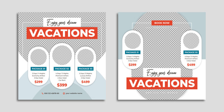 Travel agency social media post template design. Summer holiday tour, travelling banner or poster for online digital marketing. Tourism business promotion & advertisement flyer with graphic background