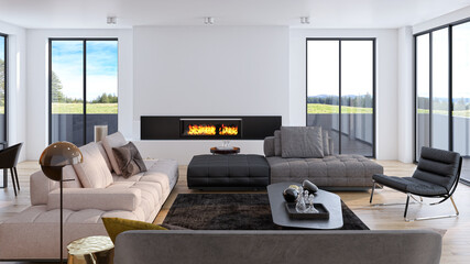 Illustration 3D rendering large luxury modern bright interiors Living room mockup computer digitally generated image