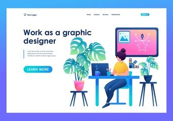 Poster - work graphic designer, a girl draws on a tablet, edits on a laptop. flat 2d landing page