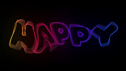 Poster - happy Creative Typography Text Animation with wavy color lines. 4k motion video animation Waves of liquid lines morphing into patterns. Modern colorful fluorescent Sound wave shape.