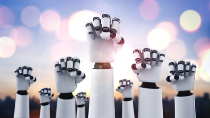Poster - robot humanoid hands up to celebrate success achieved by using ai artificial intelligence thinking a
