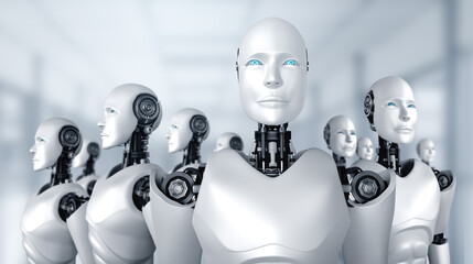Poster - 3d illustration of robot humanoid group in concept of future artificial intelligence and 4th fourth 