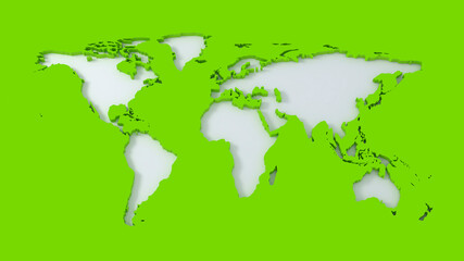 green world map cutout engraved on white background 3d illustration