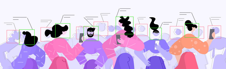 Poster - people using smartphones facial identity verification identification face recognition personal id access concept