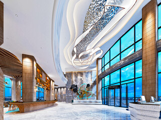 Wall Mural - 3d render luxury hotel reception lobby hall