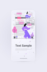 Poster - people reading daily news on digital gadgets newspaper press network concept vertical copy space