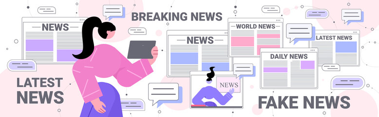 Poster - woman reading daily news on tablet pc newspaper press network concept horizontal