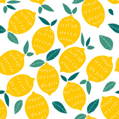 Wall Mural - vector seamless pattern with repeating lemons on a white background. bright flat illustration for printing on fabric, clothing, wrapping paper. background for websites and applications