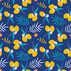 Wall Mural - vector seamless pattern with repeating lemons amd palm leaves on a blue background. bright flat illustration for printing on fabric, clothing, wrapping paper. background for websites and applications