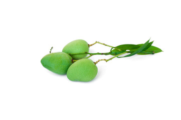 Wall Mural - Raw mango with leaves isolated on white background.